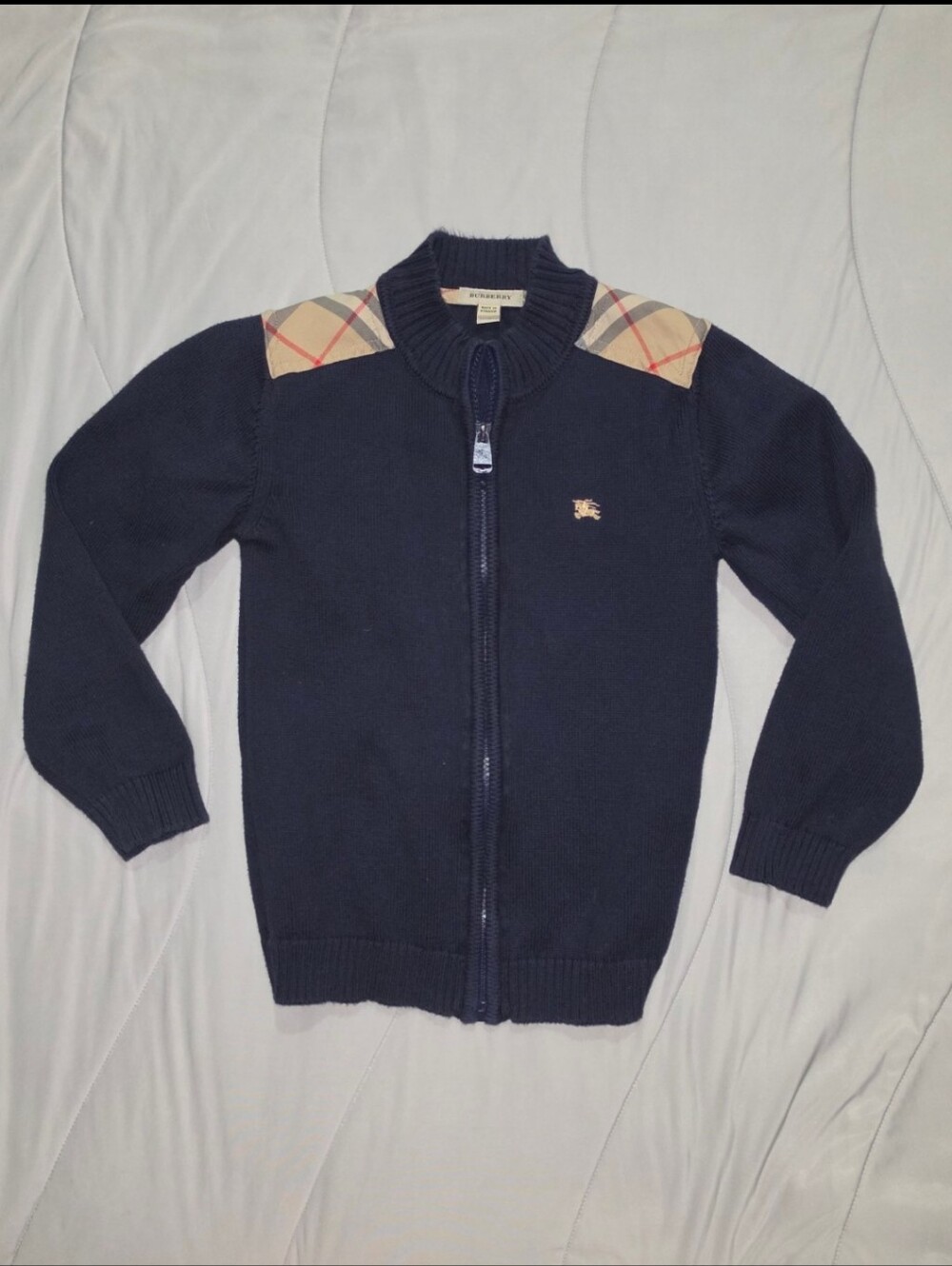 Burberry Navy Zip Front Kids Jacket with Signature Check Shoulder